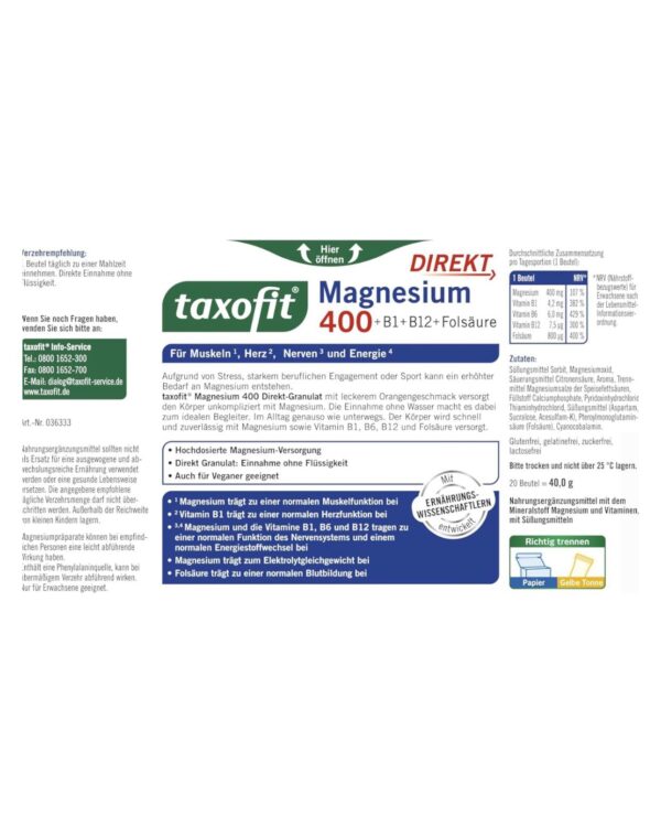 کپسول Magnesium 400 +B1+B6+B12+Folic Acid Taxofit – مکملی مؤثر برای حمایت از متابولیسم عضلانی، کاهش خستگی و تأمین انرژی با ترکیبات ضروری منیزیم و ویتامین‌های B
