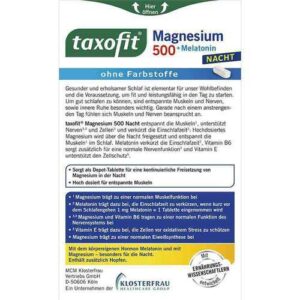 کپسول Magnesium 500+Melatonin Taxofit – مکمل تخصصی برای حمایت از عملکرد عضلانی، تنظیم خواب و کاهش استرس، حاوی منیزیم و ملاتونین جهت افزایش آرامش و بهبود کیفیت خواب